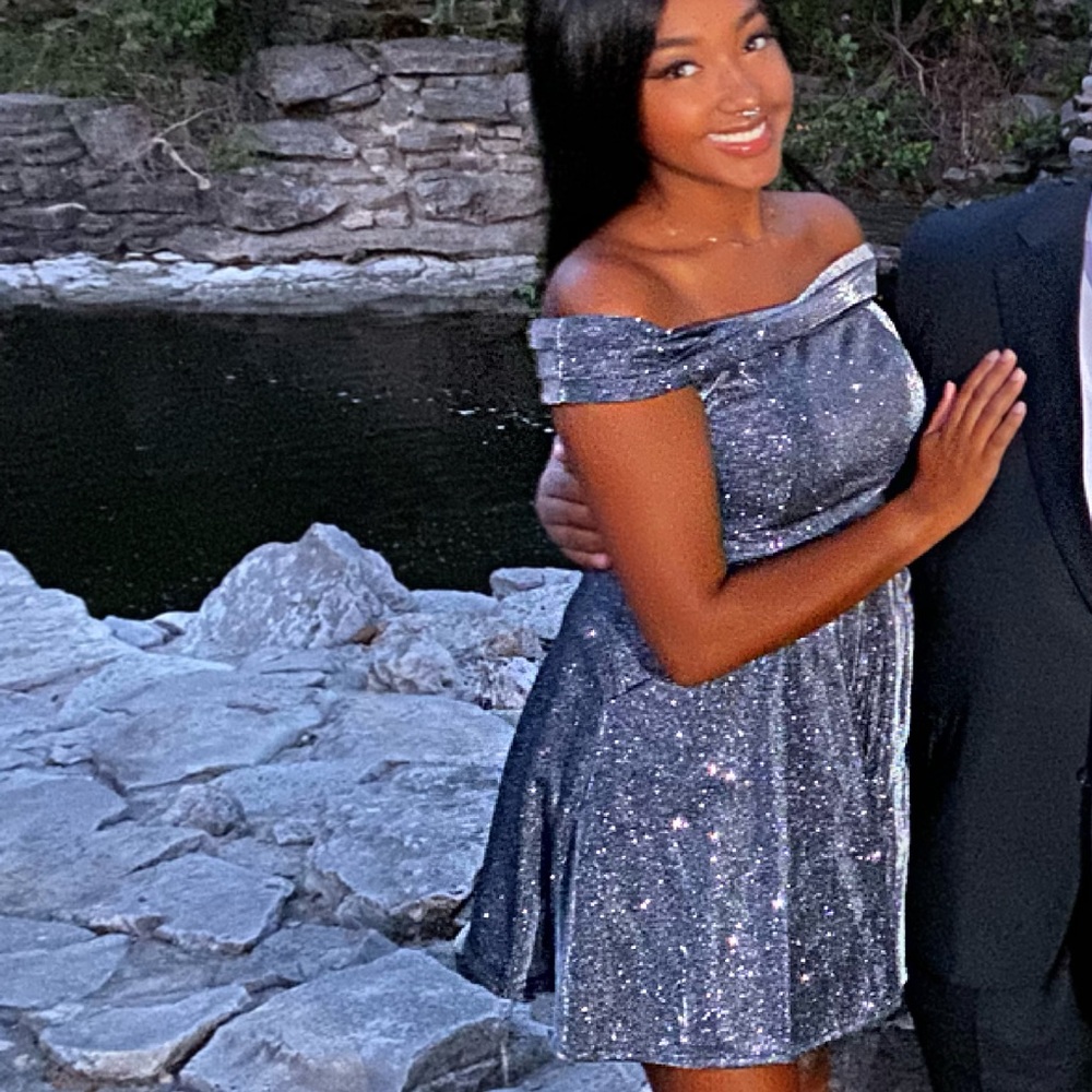 Silver off the shoulder skater dress